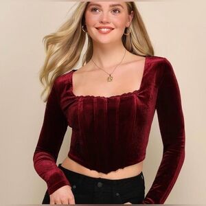 Elegant Velvet Burgundy Long Sleeve Top